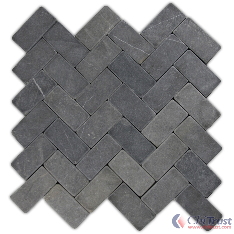 Black marble herringbone mosaic tile Tumbled